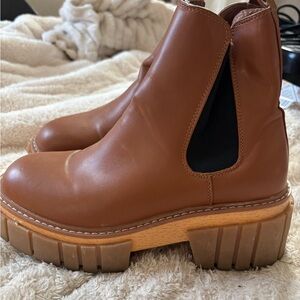 Cognac Faux Leather Ankle Boots